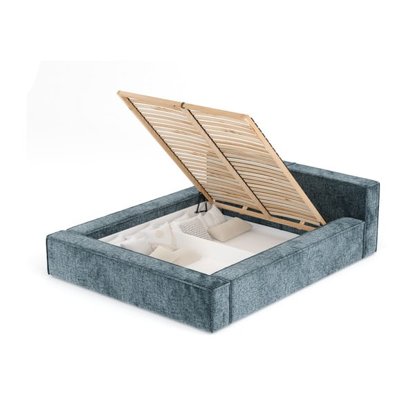 Pilkai mėlynos spalvos dvigulė lova audiniu dengta su sandėliavimo vieta su lovos grotelėmis 140x200 cm Voliera – Maison de Rêve-image-4