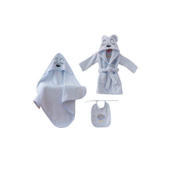 Mėlynos spalvos iš medvilnės vaikiško chalato ir rankšluosčių komplektas 3 vnt. 0-2 metai Bear – Foutastic