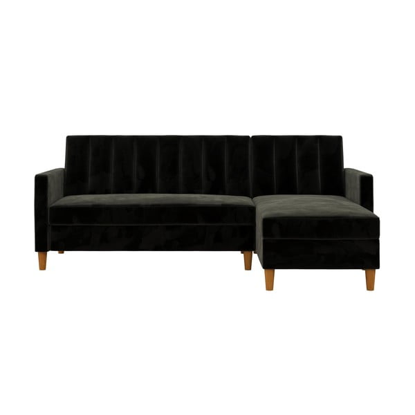 Juodos spalvos modulinė kampinė sofa-lova su aksominiu paviršiumi ir daiktadėže Støraa Celine