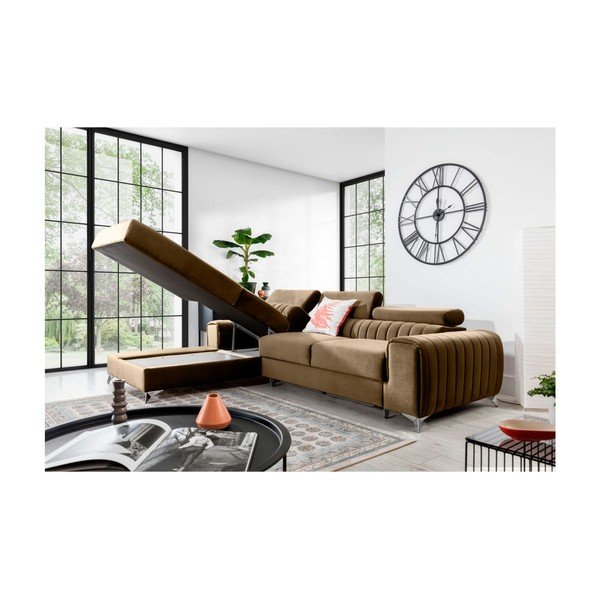 Šviesiai rudos spalvos iš velveto sulankstoma/su sandėliavimo vieta kampinė sofa (su kairiuoju kampu/su gultu) Grayson – ELTAP-image-3