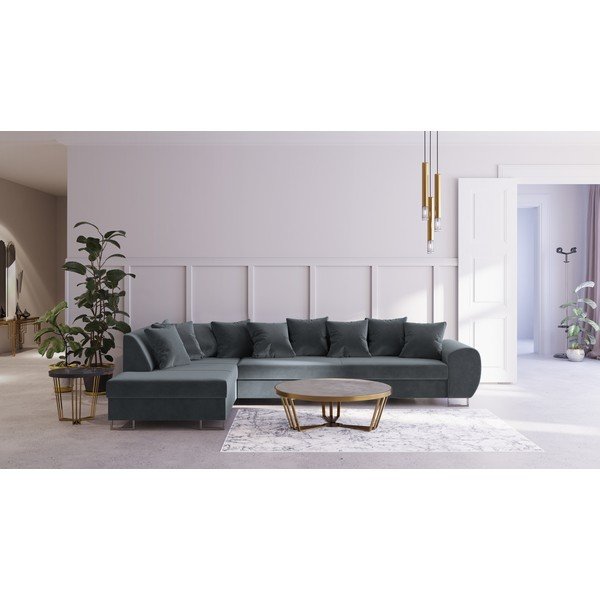 Pilka aksominė kampinė sofa Kooko Home Calmato, kampas kairėje-image-1