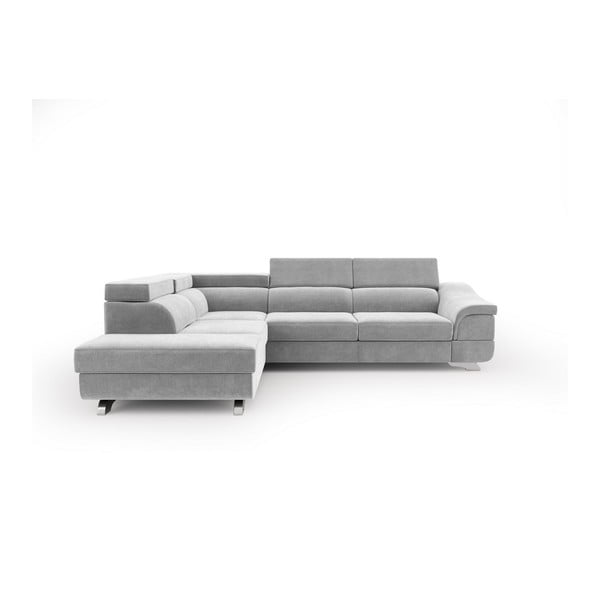 "Windsor & Co Sofos Apollon" šviesiai pilka kampinė sofa-lova su aksomo apmušalais, kairysis kampas