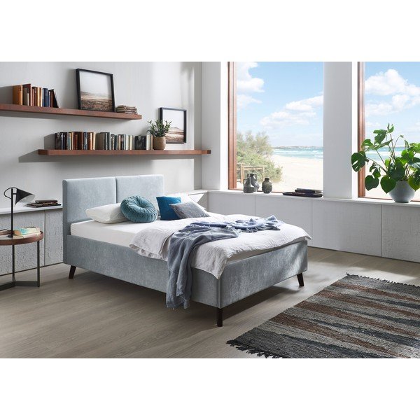 Šviesiai mėlynos spalvos dvigulė lova audiniu dengta su lovos grotelėmis 140x200 cm Piano – Meise Möbel-image-1
