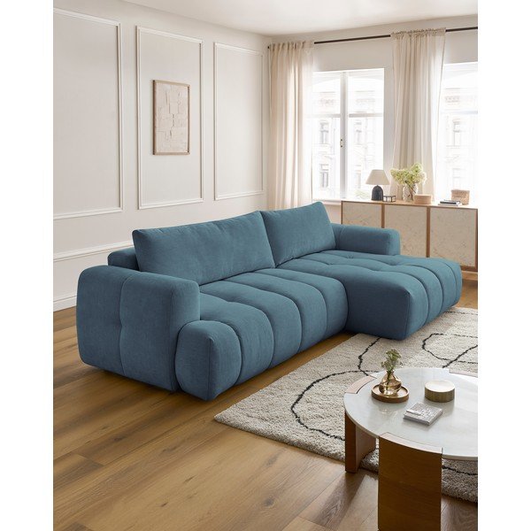 Mėlynos spalvos sulankstoma/su sandėliavimo vieta kampinė sofa (su dešiniuoju kampu/su gultu) Fuji – Bobochic Paris-image-1