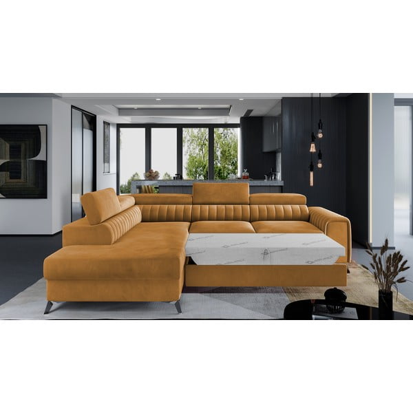Geltonos spalvos iš velveto sulankstoma/su sandėliavimo vieta kampinė sofa (su kairiuoju kampu/„L“ formos) Laurence – ELTAP-image-2