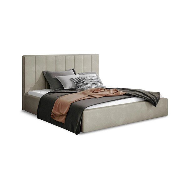 Smėlio spalvos dvigulė lova dengta audiniu su sandėliavimo vieta su lovos grotelėmis 140x200 cm Audrey – ELTAP