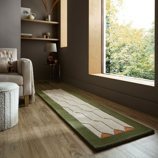 Rankų darbo žalios spalvos/natūralios spalvos iš vilnos kilimas 60x230 cm Apex Border Wool – Flair Rugs-image-1