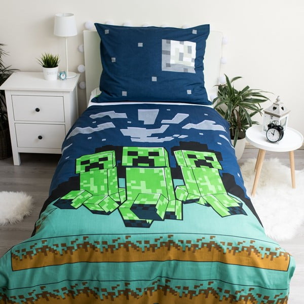 Žalios spalvos/mėlynos spalvos iš medvilnės viengulė vaikiška patalynė 140x200 cm Minecraft "Sssleep Tight" – Jerry Fabrics-image-1