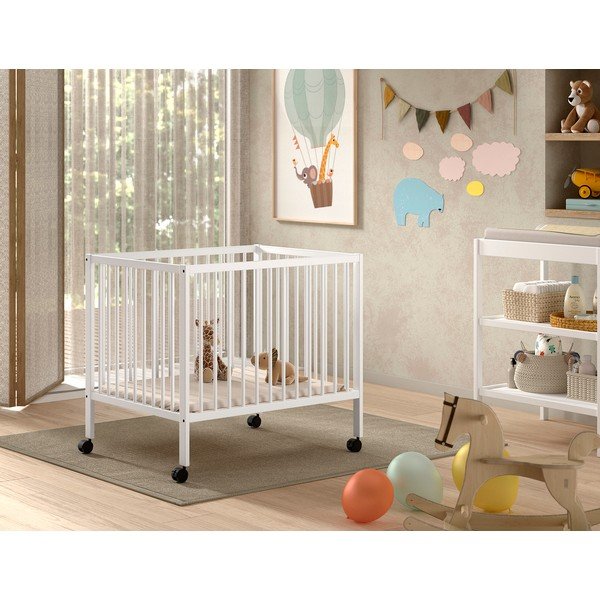 Baltos spalvos iš buko masyvo maniežas vaikams reguliuojamas aukštis/ant ratukų 95x75 cm Dino – Vipack-image-1