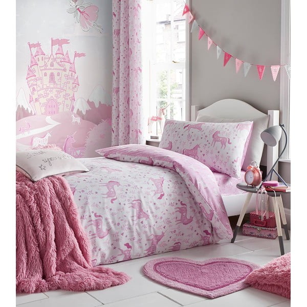 Rožinė viengulės lovos paklodė "Catherine Lansfield Unicorn", 90 x 190 cm