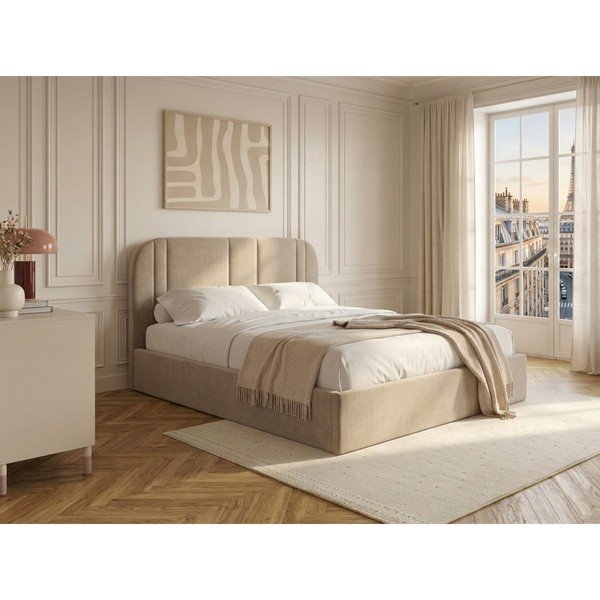 Smėlio spalvos dvigulė lova audiniu dengta su sandėliavimo vieta su lovos grotelėmis 180x200 cm Sidney – Bobochic Paris-image-1