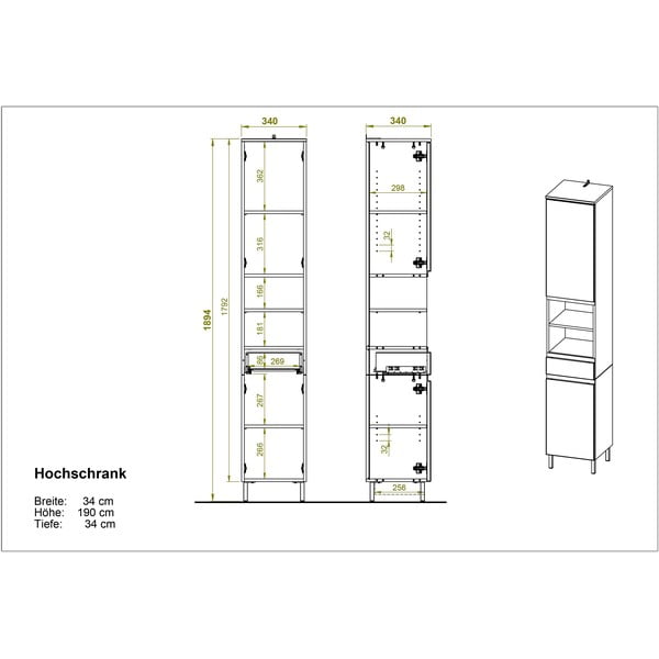 Balta aukšta ąžuolo dekoro vonios kambario spintelė 34x190 cm Torrance - Germania-image-3