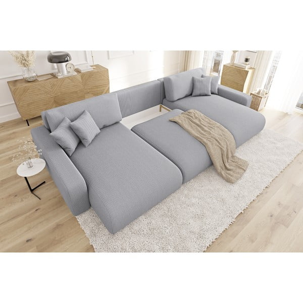 Šviesiai pilkos spalvos iš kordinio velveto sulankstoma/su sandėliavimo vieta kampinė sofa Sara – Ropez-image-4