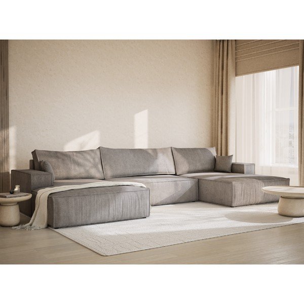 Pilkai smėlinės spalvos sulankstoma/su sandėliavimo vieta kampinė sofa iš šenilinio audinio („U“ formos) Kyoto – Maison de Rêve-image-1