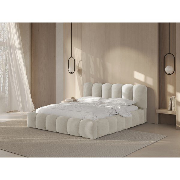 Smėlio spalvos dvigulė lova audiniu dengta su sandėliavimo vieta su lovos grotelėmis 180x200 cm Lupine – Micadoni -image-1