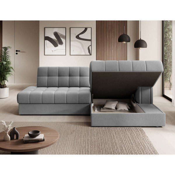 Pilkos spalvos iš velveto sulankstoma kampinė sofa (su dešiniuoju kampu/su gultu) Blezalt – ELTAP-image-4