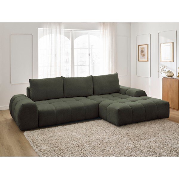 Žalios spalvos iš šenilinio audinio sulankstoma/su sandėliavimo vieta kampinė sofa (su dešiniuoju kampu/su gultu) Everest – Bobochic Paris-image-1