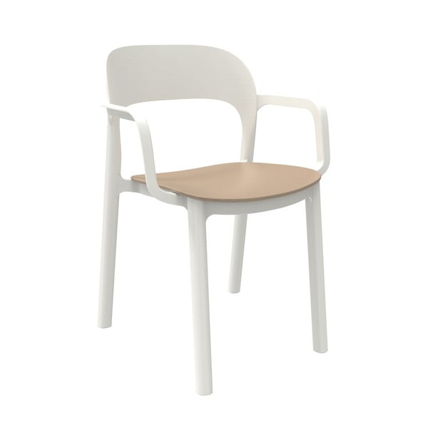 4 baltų sodo kėdžių su smėlio rudos spalvos sėdynėmis ir porankiais rinkinys "Resol Ona