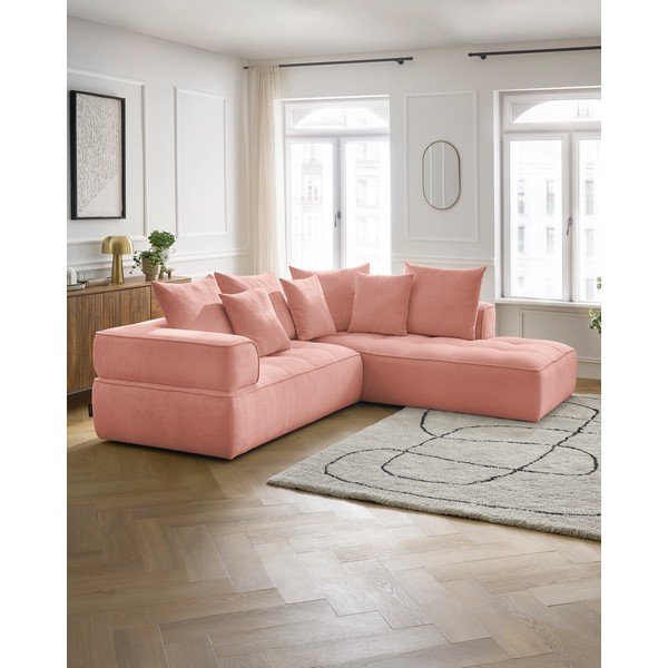 Rožinės spalvos iš šenilinio audinio kampinė sofa (su dešiniuoju kampu/„L“ formos) Whesley – Bobochic Paris-image-1