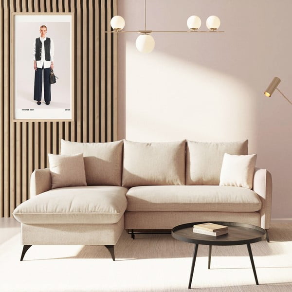 Smėlio spalvos iš boucle sulankstoma/su sandėliavimo vieta kampinė sofa (su kairiuoju kampu/su gultu) Brim – Rodier-image-1