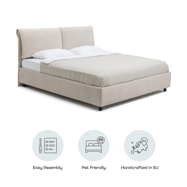 Smėlio spalvos dvigulė lova audiniu dengta su sandėliavimo vieta su grotelėmis 180x200 cm Myra Pillow – Bonami Selection-image-4