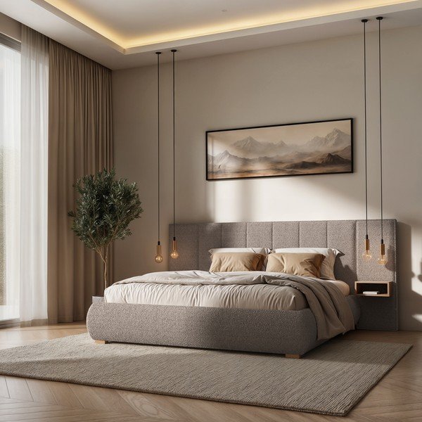Šviesiai rudos spalvos dvigulė lova audiniu dengta su lovos grotelėmis 140x200 cm Fioro – MESONICA-image-1