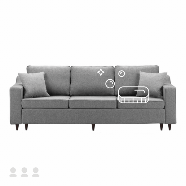 Trijų vietų sofos su medžiaginiais apmušalais valymas, drėgnas giluminis valymas