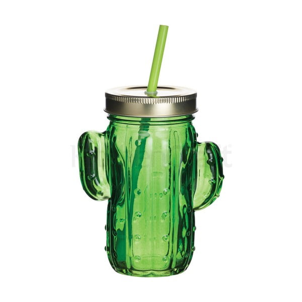 Žalias kaktuso formos stiklainis su dangteliu ir šiaudeliu Virtuvės amatai