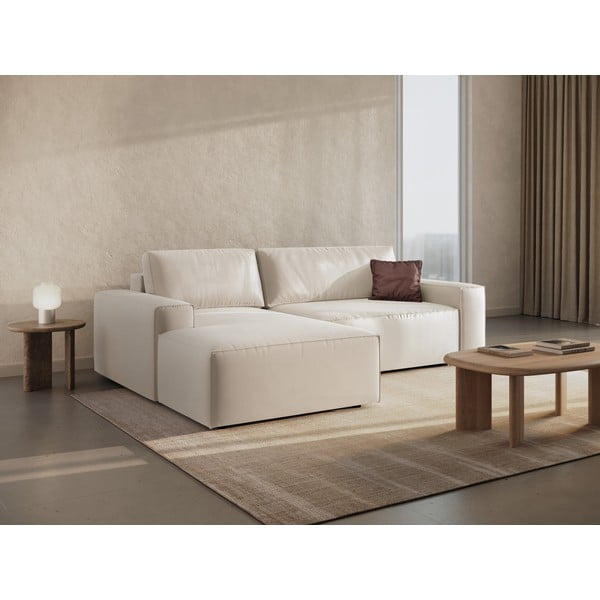 Iš velveto sulankstoma/su sandėliavimo vieta kampinė sofa smėlio spalvos (su kairiuoju kampu/su gultu) Jodie – Micadoni -image-1