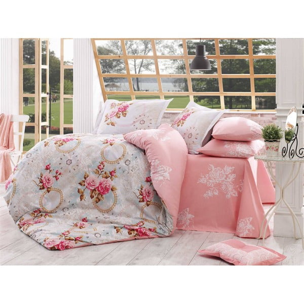 Dvigulės lovos paklodė iš medvilninio poplino "Clementina Pink", 200 x 220 cm