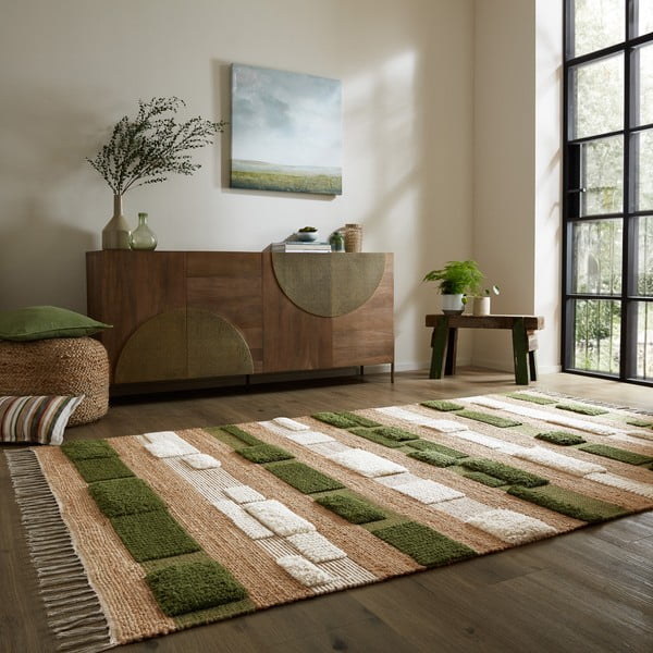 Rankų darbo iš džiuto mišinio kilimas žalios spalvos/natūralios spalvos 160x230 cm Medina Blocks – Flair Rugs-image-1