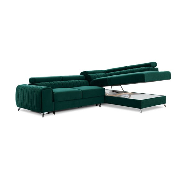 Žalios spalvos iš velveto sulankstoma/su sandėliavimo vieta kampinė sofa (su dešiniuoju kampu/„L“ formos) Laurence – ELTAP-image-2
