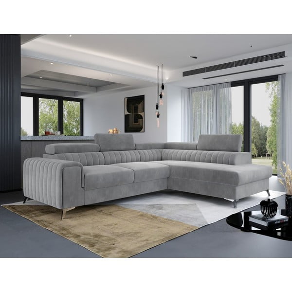 Pilkos spalvos iš velveto sulankstoma/su sandėliavimo vieta kampinė sofa (su dešiniuoju kampu/„L“ formos) Laurence – ELTAP-image-4