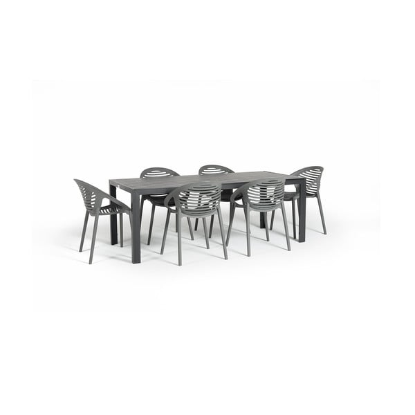 Sodo valgomojo komplektas 6 asmenims su pilkomis kėdėmis Joanna ir stalu Viking, 90 x 205 cm