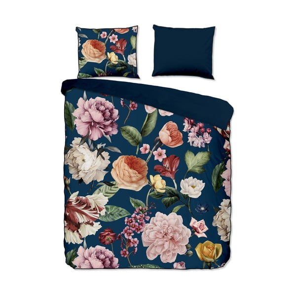 Tamsiai mėlynos spalvos iš satino medvilnės dvigulė/itin ilga patalynė 200x220 cm Fiori – Descanso