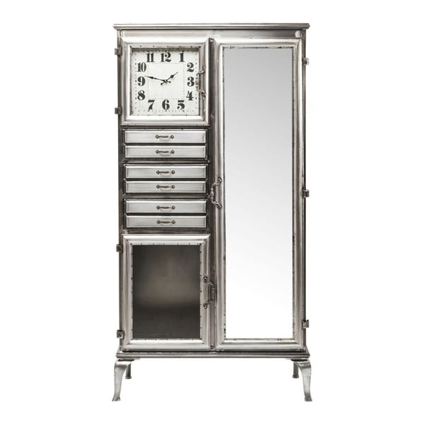 "Kare Design Buster" sidabro spalvos komoda su veidrodžiu ir laikrodžiu, 85 cm pločio