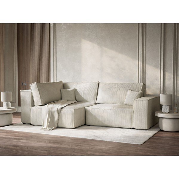 Kreminės spalvos sulankstoma/su sandėliavimo vieta kampinė sofa iš kordinio velveto (su kairiuoju kampu/„L“ formos) Tonga – Maison de Rêve-image-4