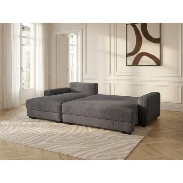 Tamsiai pilkos spalvos sulankstoma/su sandėliavimo vieta kampinė sofa iš kordinio velveto (su kairiuoju kampu/su gultu) Campi – Bobochic Paris-image-2