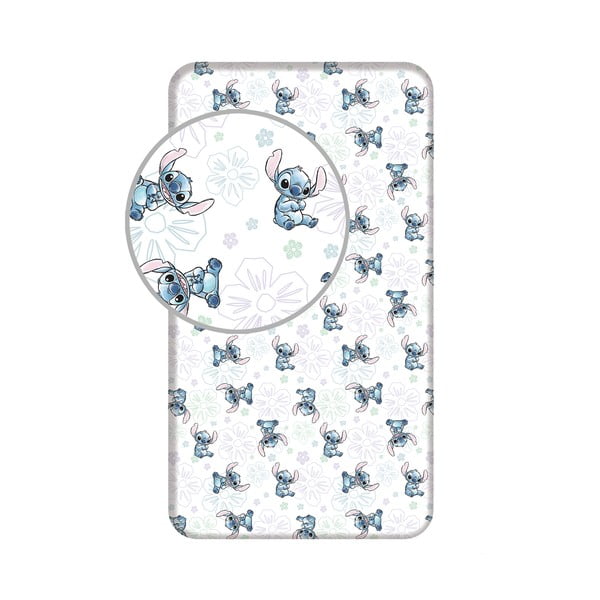 Baltos spalvos iš medvilnės viengulė vaikų patalynė su guma 90x200 cm Lilo and Stitch "Ohana White"  – Jerry Fabrics