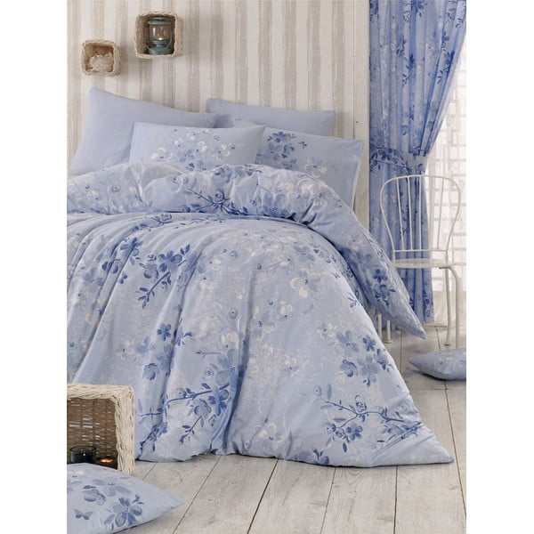 Šviesiai mėlyna patalynė dvigulei lovai su paklode ir lovatiese 220x240 cm Elena – Mijolnir