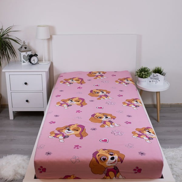 Rožinės spalvos iš medvilnės viengulė vaikų patalynė su guma 90x200 cm Paw Patrol – Jerry Fabrics-image-1