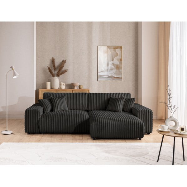 Tamsiai pilkos spalvos iš kordinio velveto sulankstoma/su sandėliavimo vieta kampinė sofa (su dešiniuoju kampu) Sarina – Ropez-image-1
