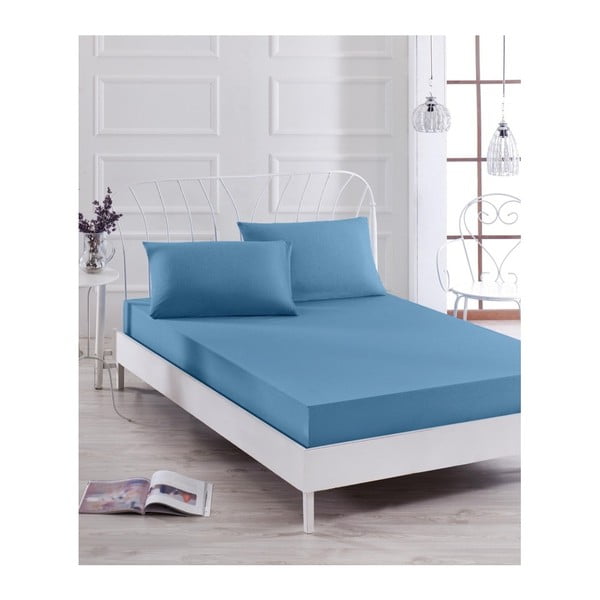 Mėlynos elastinės paklodės ir 2 užvalkalų rinkinys viengulėlei lovai Basso Azul, 160 x 200 cm