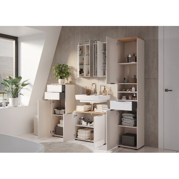 Kreminės spalvos blizgus aukšta/siaura vonios daiktadėžė 39x190 cm Tavira – Germania-image-4