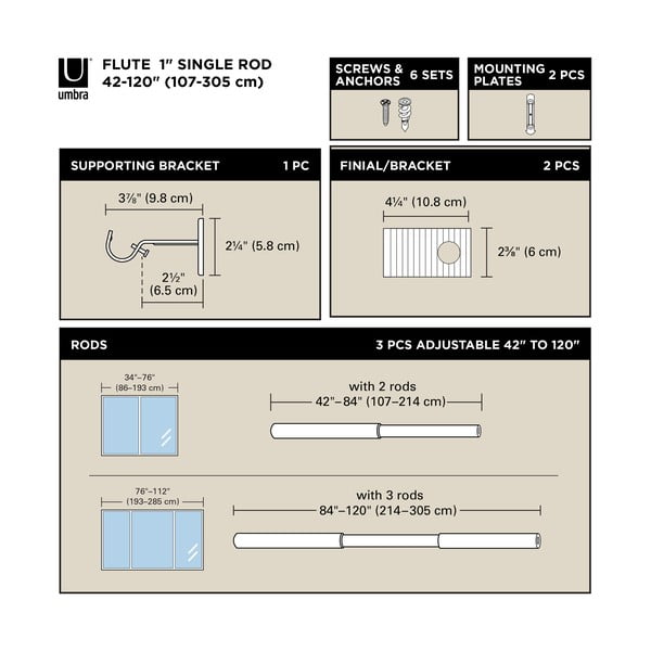 Matinės sidabrinės spalvos iš plieno išplečiamas užuolaidos strypas 107 - 305 cm Flute – Umbra-image-4