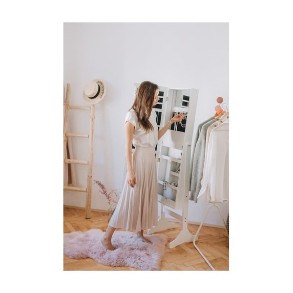 Balta ant grindų pastatoma papuošalų dėžutė su veidrodžiu ir LED apšvietimu Bonami Essentials Bien-image-2