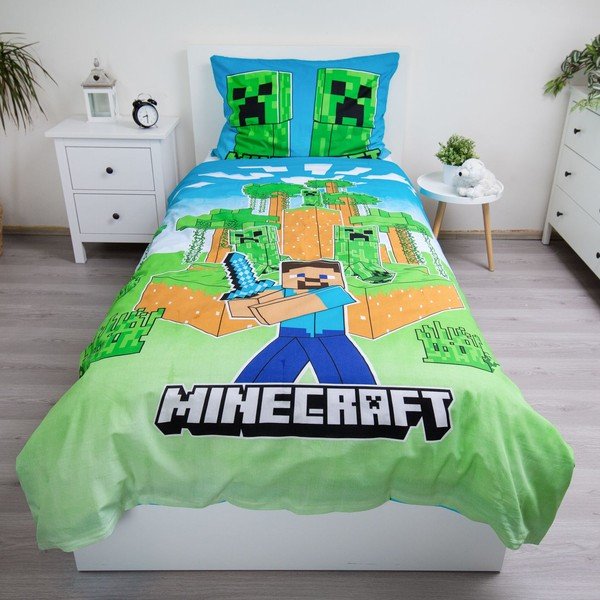 Iš medvilnės viengulė vaikiška patalynė su žėrinčiu efektu 140x200 cm Minecraft "Jungle Fight" – Jerry Fabrics-image-1
