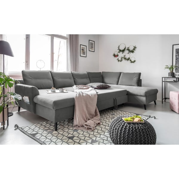 Šviesiai pilka aksominė U formos sofa-lova Miuform Stylish Tent, dešinysis kampas-image-4
