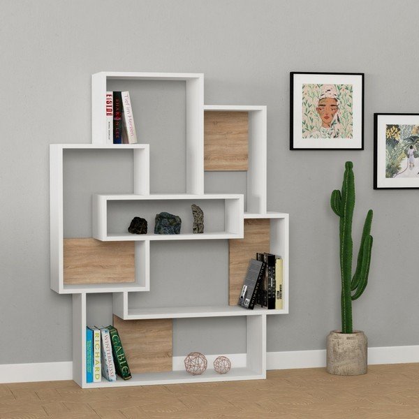 Balta knygų spinta su ąžuolo detalėmis "Barce White Oak-image-1