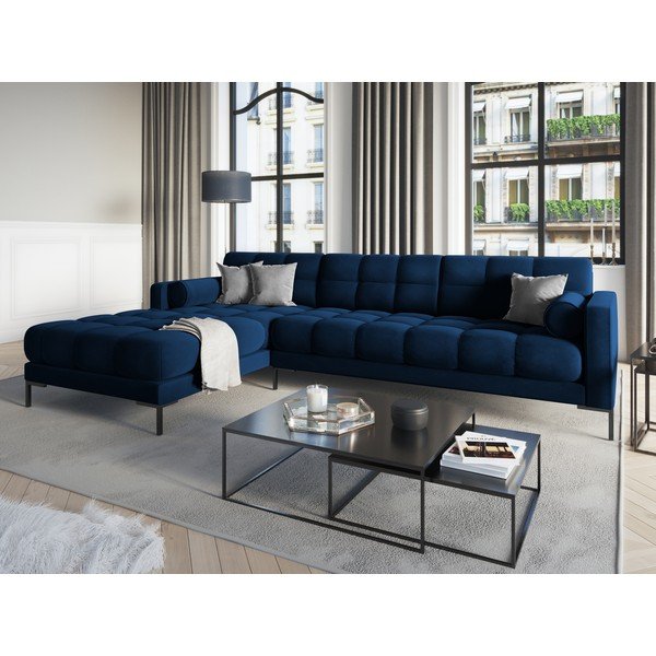 Tamsiai mėlyna aksominė kampinė sofa Cosmopolitan Design Bali, kampas kairėje-image-1